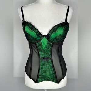 Y2K Green & Black Corset Back Hook Closure Boning Stretchy Sz L